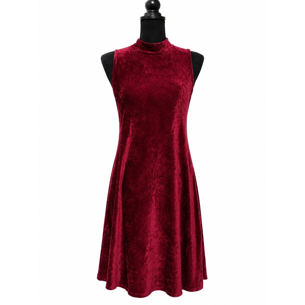 NY Invasion Burgundy Crushed Velvet Mock Neck Sleeveless‎ A-Line Dress Large